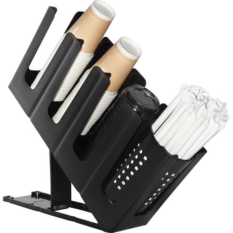 Porte-gobelet avec couvercle et range-pailles, 4 compartiments, 7 réglages, porte-gobelet de comptoir pour salle de café, bar à café, restaurant (1/5)