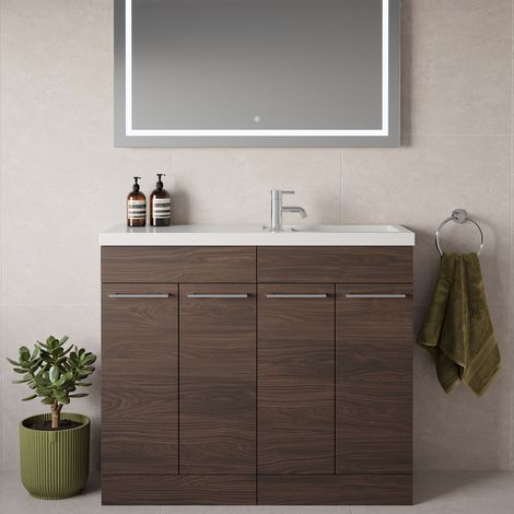 Napoli 250 Brown Oak 1000mm 4 Door Vanity Unit with Square Silvo Basin - 1000mm - Chrome 160mm Handle