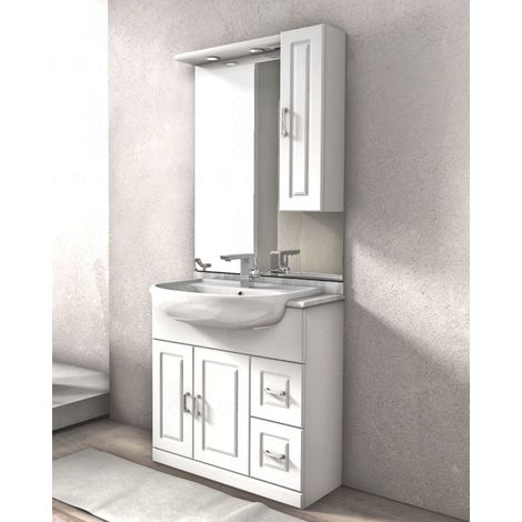 Mobile bagno 80 cm bianco lucido semincasso con specchio, pensile e tettino led (1/5)
