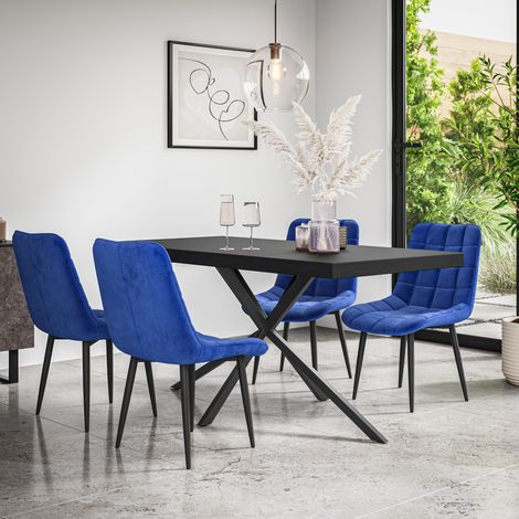 Donni Dining Table And Chairs -  Black Table Top w Black Legs + Nova Velvet Dining Chair Set Of 4 (Blue) (1/5)