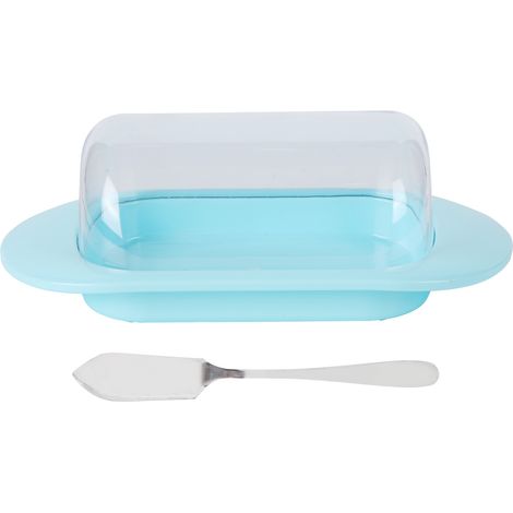 Boîte de Rangement pour Beurre et Fromage avec Couvercle Transparent et Couteau Intégré - Bord Arrondi Bleu (1/5)