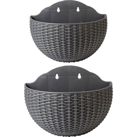 Lot de 2 pots de fleurs muraux imitation rotin, demi-cercles, avec trou de drainage et crochets, en plastique, pour balcon, clôture (gris) (1/5)