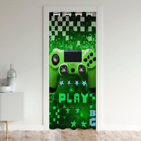 Jeux Rideau De Porte 86 x 203 Cm Jeux Poignée De Jeu Rideaux Chambre Géométrie Modern Console Controller Vert Noir Rideau Occultant Rideaux - 86L X 203H cm (1 Panneaux) (1/5)