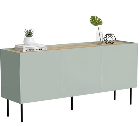 Credenza Verrone, Madia da salotto con tre ante battenti e vani interni, Rialzata da terra, 150x40 h70 cm, Verde e Rovere