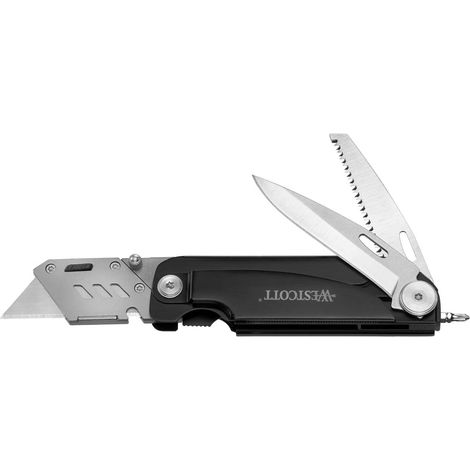 Multitool Cutter multifonction Couteau multifonction Lame Drop-Point 7,5 cm Scie pliante 7,5 cm Tournevis Lumière LED Règle Poignée en métal Noir 19 cm (1/5)