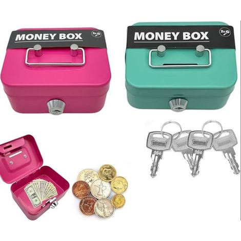 Caisse Monnaie, Mini Coffre Fort, Caisse Rangement Verrouillable, Caisse Avec 2 Clés, Conteneur Adapté Stocker Argent, Pièces Monnaie Autres Objets (Rose, Vert) (1/5)