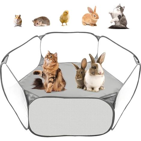Enclos pliable pour petits animaux - Portable - Respirant et transparent - Clôture d'exercice pour cochons d'Inde, hamsters, chinchillas, lapins, chiots (gris) (1/3)