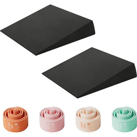 Lot de 2 extenseurs de mollet et 5 bandes de fitness, pour squat Wedge pour squats plus profonds, talon et étirement du mollet, voûte plantaire et tibial, rampes antidérapantes en EVA (1/5)