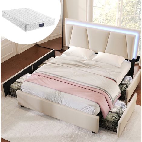 Lit rembourré LED avec 4 tiroirs, tête de lit réglable, 160x200 cm, beige (1/5)