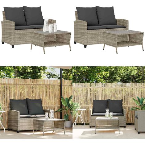 vidaXL Canapé de jardin 2places coussins et table gris clair polyrotin (1/5)