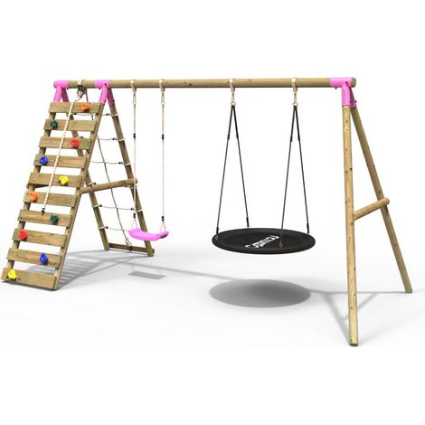 Rebo Wooden Swing Set with Up and Over Climbing Wall - Vale Pink