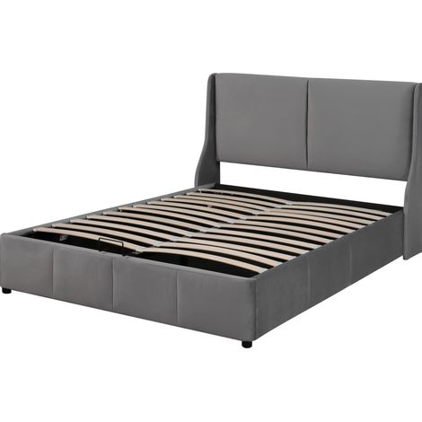 Letto matrimoniale imbottito con contenitore idraulico 140 x 190 cm in velluto grigio HOMVRA (1/5)