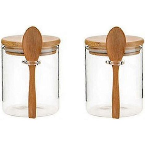 Lot de 2 sucriers avec couvercle en bambou et cuillère, bocaux en verre transparent pour le rangement dans la cuisine. (1/5)