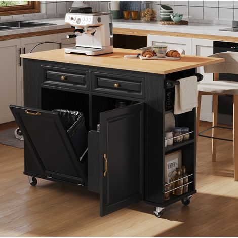 Îlot de cuisine 120x40-70x92 cm noir et naturel en MDF avec plan de travail extensible, prises et rangements (1/5)