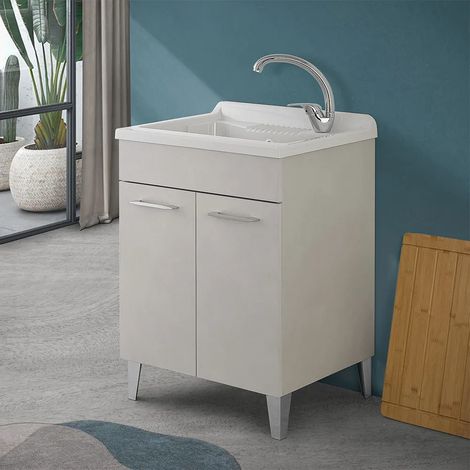 Mobile lavatoio 60x50 cm grigio calce vasca in resina e kit di scarico Moon (1/5)