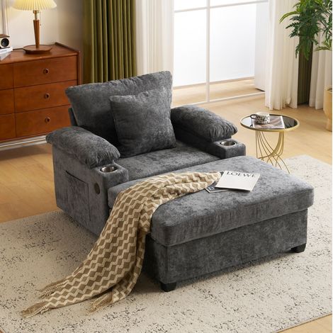 Poltrona reclinabile in tessuto chenille grigio scuro con portabicchieri e ricarica USB (1/5)