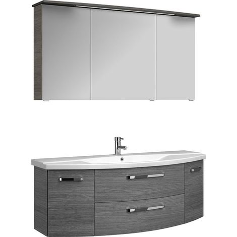Badmöbel-Set Waschplatz FES-4010-66 Unterschrank, Becken & Spiegelschrank inkl. LED Dekor Graphit Struktur quer Nb. - B/H/T: 144/175/50cm (1/5)