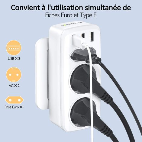 USB Secteur Multiple, 7 en 1 USB Chargeur Multiprise Murale avec 3 Sortie AC (16A, 3800W), 3 Ports USB 5V/3.4A, 1 Port Type-C, pour la Maison Le Bureau Les Voyages Compatible avec Phone (1/4)