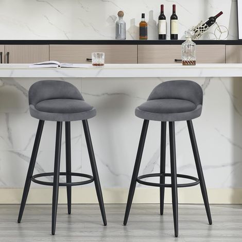 WOLTU 2x Taburete de Bar, Silla de Cocina, Respaldo Alto con Reposapiés, Terciopelo y Metal, Gris Oscuro