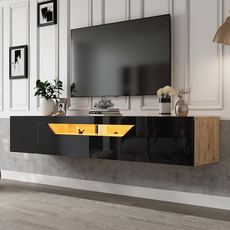 Meuble TV noir bois 180x37x36 cm LED, 3 compartiments, suspendu, laqué brillant, compatible jusqu'à 75 pouces