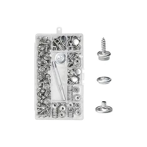 150 vis argentées blanches, toutes en fer, grande boucle blanche, 50 pièces + outil + boîte de rangement, vis de 15 mm, bouton-poussoir (1/5)