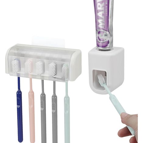 Porte-brosse à dents mural à 5 emplacements avec couvercle, organiseur de rangement autocollant pour brosse à dents pour douche, support de brosse à dents avec distributeur automatique de dentifrice (1/5)