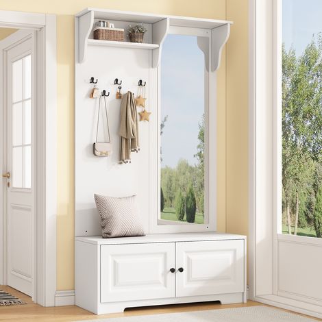 Mueble recibidor con espejo, perchero de entrada moderno con banco zapatero y 5 ganchos, MDF 100 x 40 x 180 cm, Blanco (1/5)
