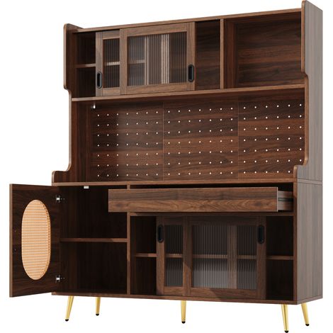 Credenza buffet in MDF 145 x 39 x 171 cm, stile country, 5 ante, LED e pannello forato, marrone/nero (1/5)
