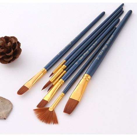 Ensemble de 7 pinceaux à gouache en nylon avec manche en bois, pour peinture à l'huile, bleu foncé. (1/3)