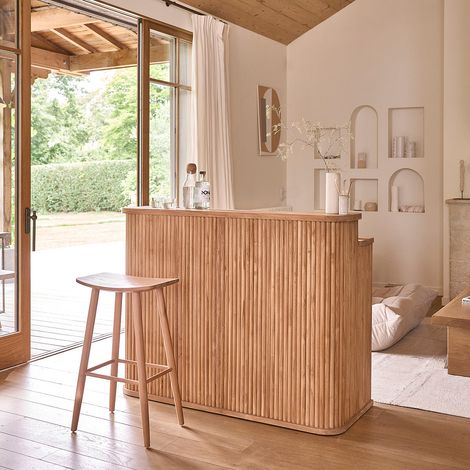 Berah Getah – Bar en teck massif 140 cm – Hauteur 110 cm – Largeur 142 cm – Rangement à bouteilles amovible – Design contemporain (1/5)