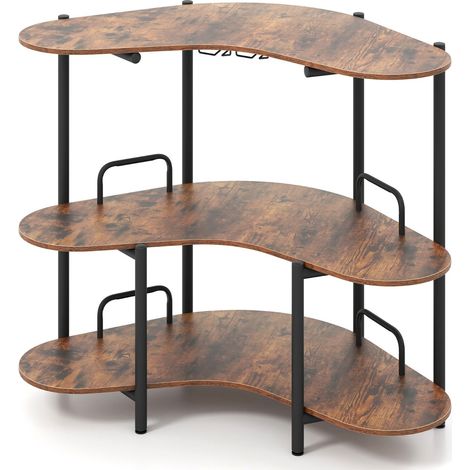 Mesa de bar para licores de 120 x 66 x 102 cm con 3 niveles de almacenamiento y soportes para vasos de estilo industrial en madera rústica marrón 200010592