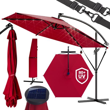 KINGSLEEVE®  ombrellone decentrato Haiti 3m alluminio con luci LED e manovella protezione UV 80+ inclinabile solare  Rosso (1/9)