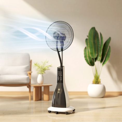 Ventilador con función de nebulización, giratorio 75 grados, 3 velocidades, 3 modos, depósito de agua de 3 litros, blanco y negro.