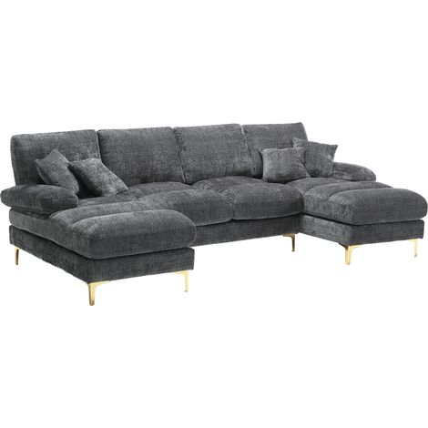 Divano componibile a U in ciniglia grigia con due chaise longue e gambe dorate in metallo (1/5)