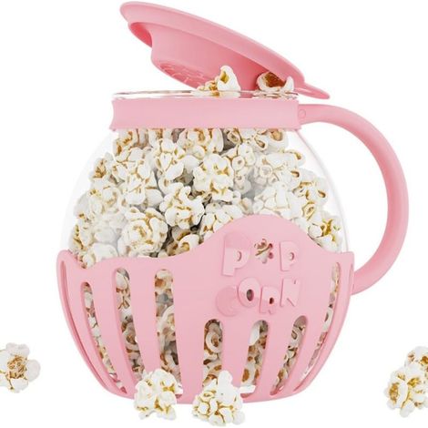 Máquina para hacer palomitas de maíz en microondas, recipiente de vidrio borosilicato de 2,25 litros, accesorios de cocina, color rosa.