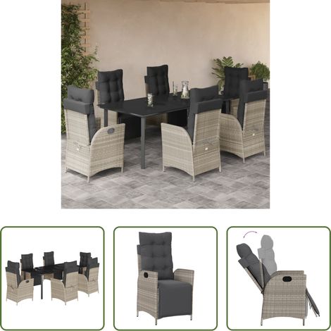 vidaXL Gartensessel - 7-tlg. Garten-Essgruppe mit Kissen Hellgrau Poly Rattan (1/5)