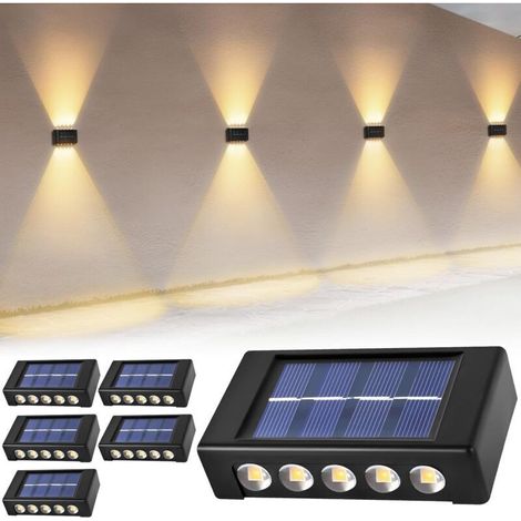 Applique Murale Exterieur Solaire, 6PCS Lampe Solaire Exterieur, Appliques Murales Solaires Up and Down, IP44 LED exterieur etanche solaire, 10 perles LED, pour Jardin, Patio, Ccour (1/5)