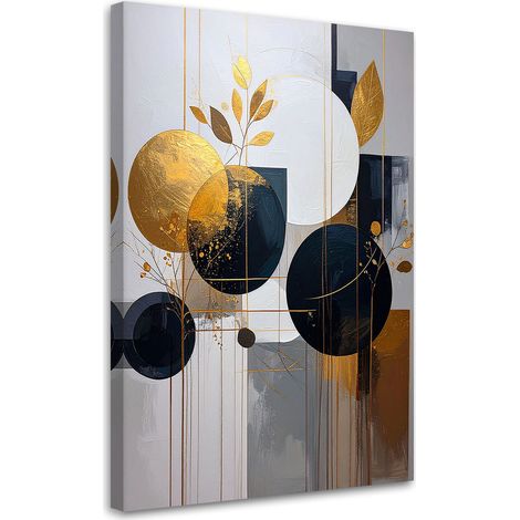 Tabelau sur Toile, Abstraction : cercles et feuilles beige et doré,20x30 (1/4)