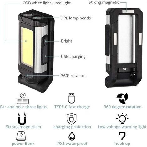 Lampe de Travail Led IPX6 Étanche, Lampe Portable Led Rechargeable XPE COB Lampe de Camping Avec Fonction de Charge Avec Base Magnétique et Crochet pr Garage,Randonnée, Utilisation d'urgence (1/3)