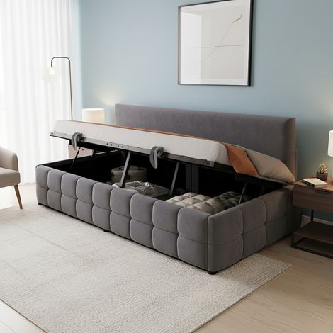 Letto singolo con stoccaggio 90x200 cm, letto contenitore 1 posto, divano letto, schienale senza braccioli, design classico a motivo quadri, letto capitonnè in velluto - Grigio scuro