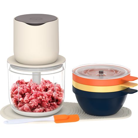 Hachoir à légumes multifonctionnel avec récipient de 600 ml, 150 W, 1500 mAh, hachoir à viande électrique rechargeable, mini robot culinaire, bol 3 x 240 ml, grattoir et tapis en silicone pour couper (1/5)