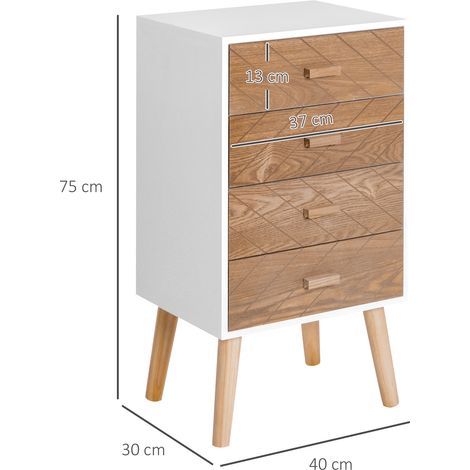 Cassettiera con 4 cassetti, comò per camera da letto, comodino con gambe rialzate per soggiorno, 40x30x75 cm, bianco e naturale.