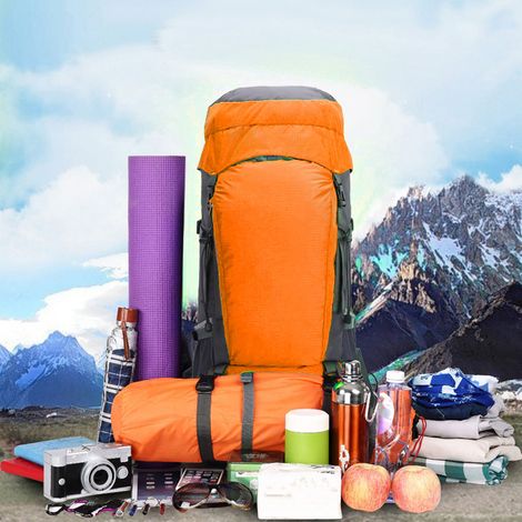 Rucksack aus Oxford-Gewebe, atmungsaktiv und strapazierfähig, mit Schnallenverschluss, ideal zum Wandern, Trekking und Campen, 65 Liter, orange. (1/4)