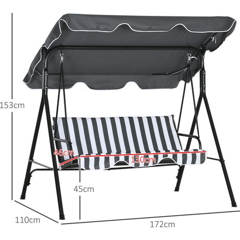 Balancelle Hollywood avec coussin d'assise, balancelle de jardin 3 places avec pare-soleil réglable, capacité de charge jusqu'à 240 kg, pour jardin ou terrasse, 172 x 110 x 153 cm, gris et blanc (1/5)