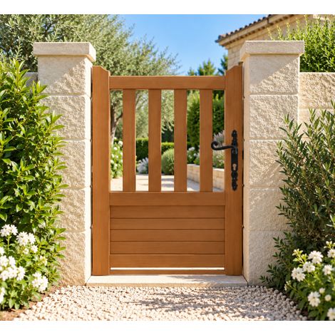 Gd Menuiseries – Portillon ajouré en bois massif meranti 1m x 1,50m – Traverse droite – Fabrication traditionnelle – Traitement FIH pour extérieur (1/5)