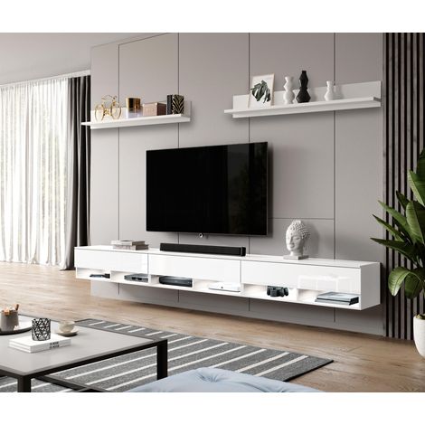 FURNIX Meuble média 5 pièces ALYX 300 LED Lowboard Étagère murale blanc/blanc brillant (1/5)