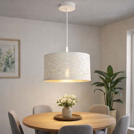Hängeleuchte Pendellampe Schirmleuchte Wohnzimmerlampe in weiß, Metall chrom, rund, 1x E27, DxH 38x120 cm