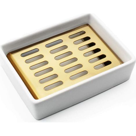 Porte-savon en acier inoxydable avec siège en céramique antidérapant en silicone pour salle de bain, douche, cuisine organisée, double couche, doré + blanc (1/5)