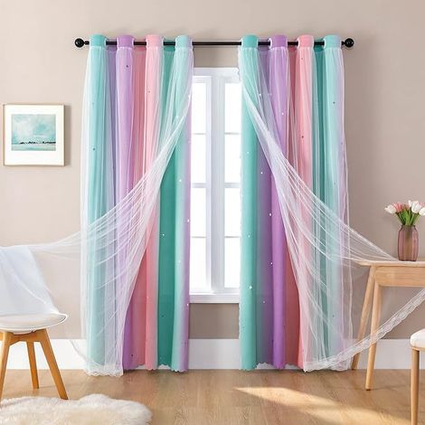 Rideau double couche étoiles arc-en-ciel dentelle 1 pièce 132×275cm W52×L108 œillets décoration chambre fille (1/5)