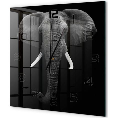 Grande Horloge Murale Carrée Objet Décoratif en Verre Silencieuse pour Salon Éléphant d'Afrique 60x60 cm